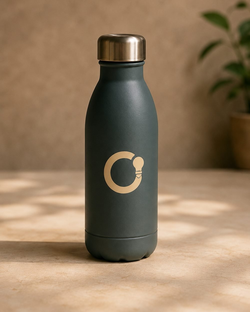 Donkergroene drinkfles met gouden Open-symbool