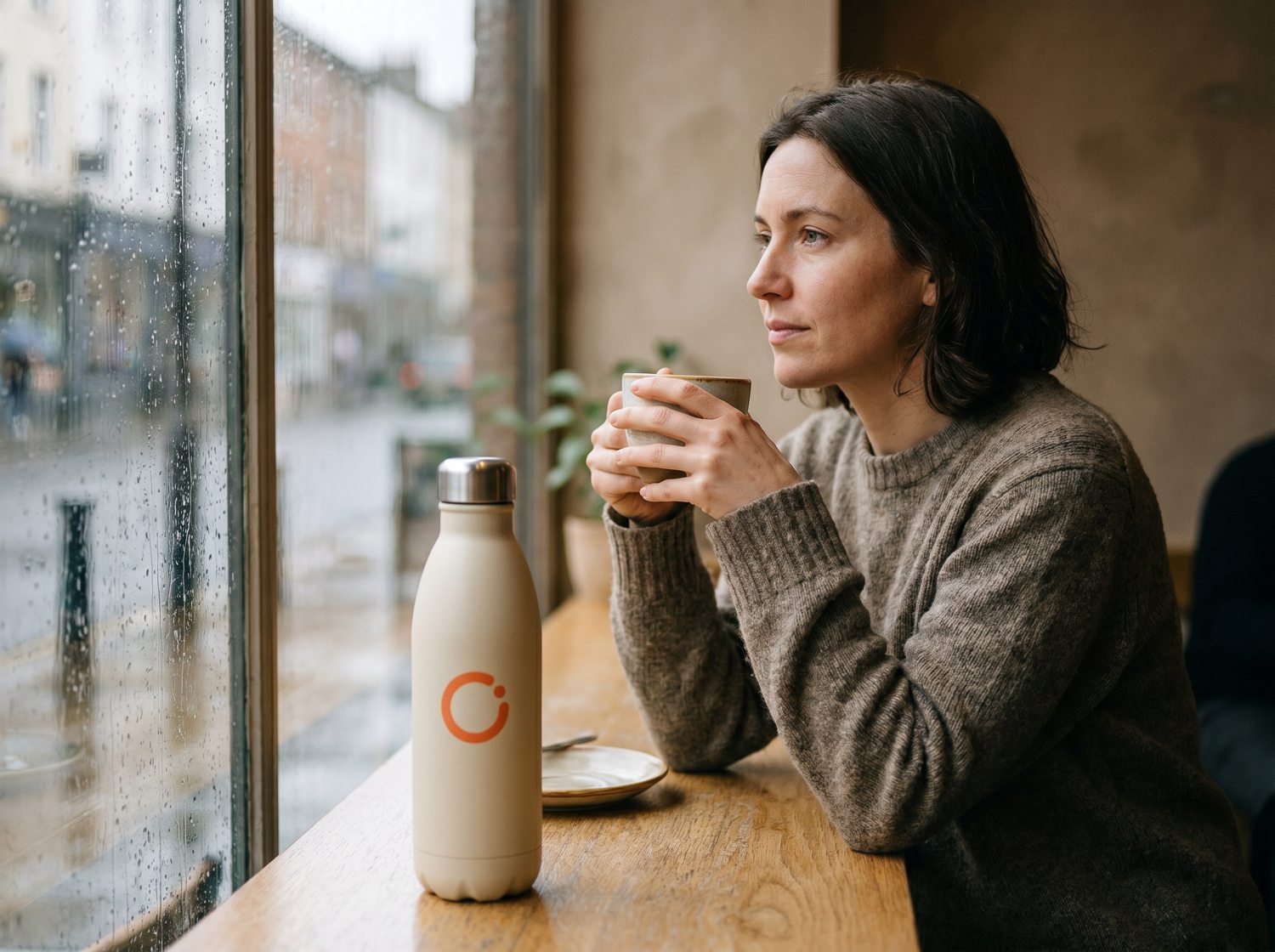 Iemand zit alleen bij het raam van een café met een kop koffie
