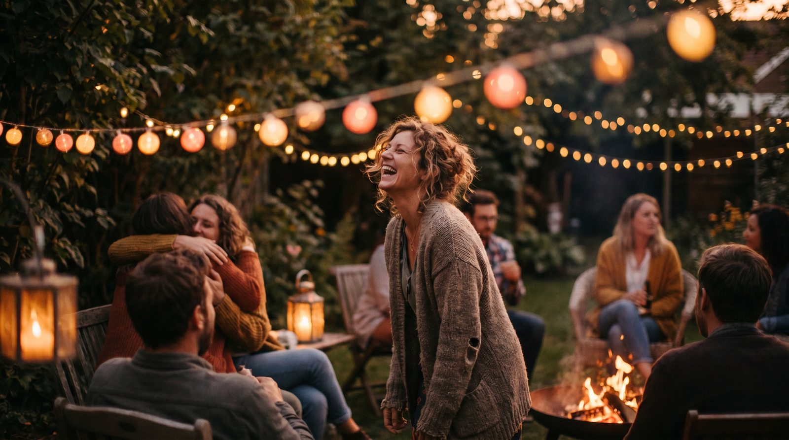 Mensen lachen samen tijdens een warme avond met lichtjes op de achtergrond