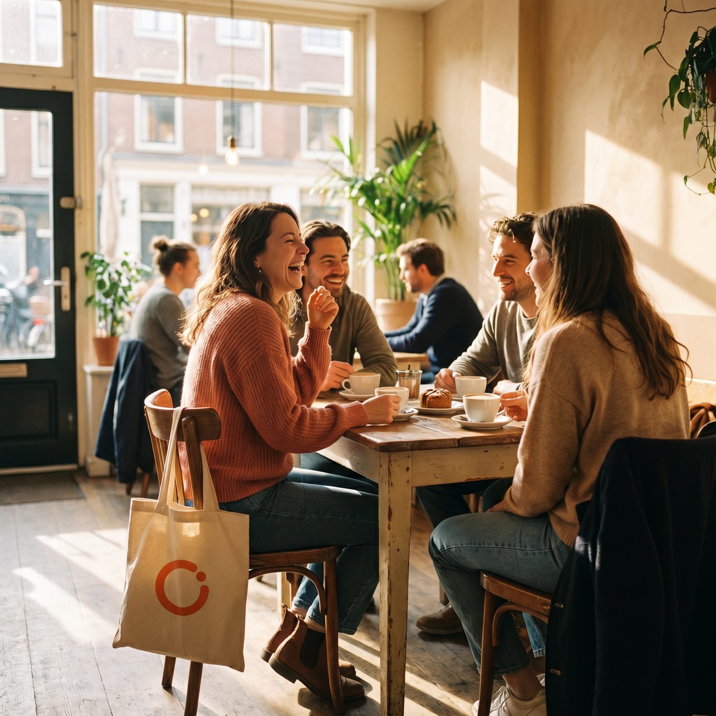 Lachende vrouw met een koraalrode trui en het Open-symbool draagt het gesprek in een warm buurtcafé