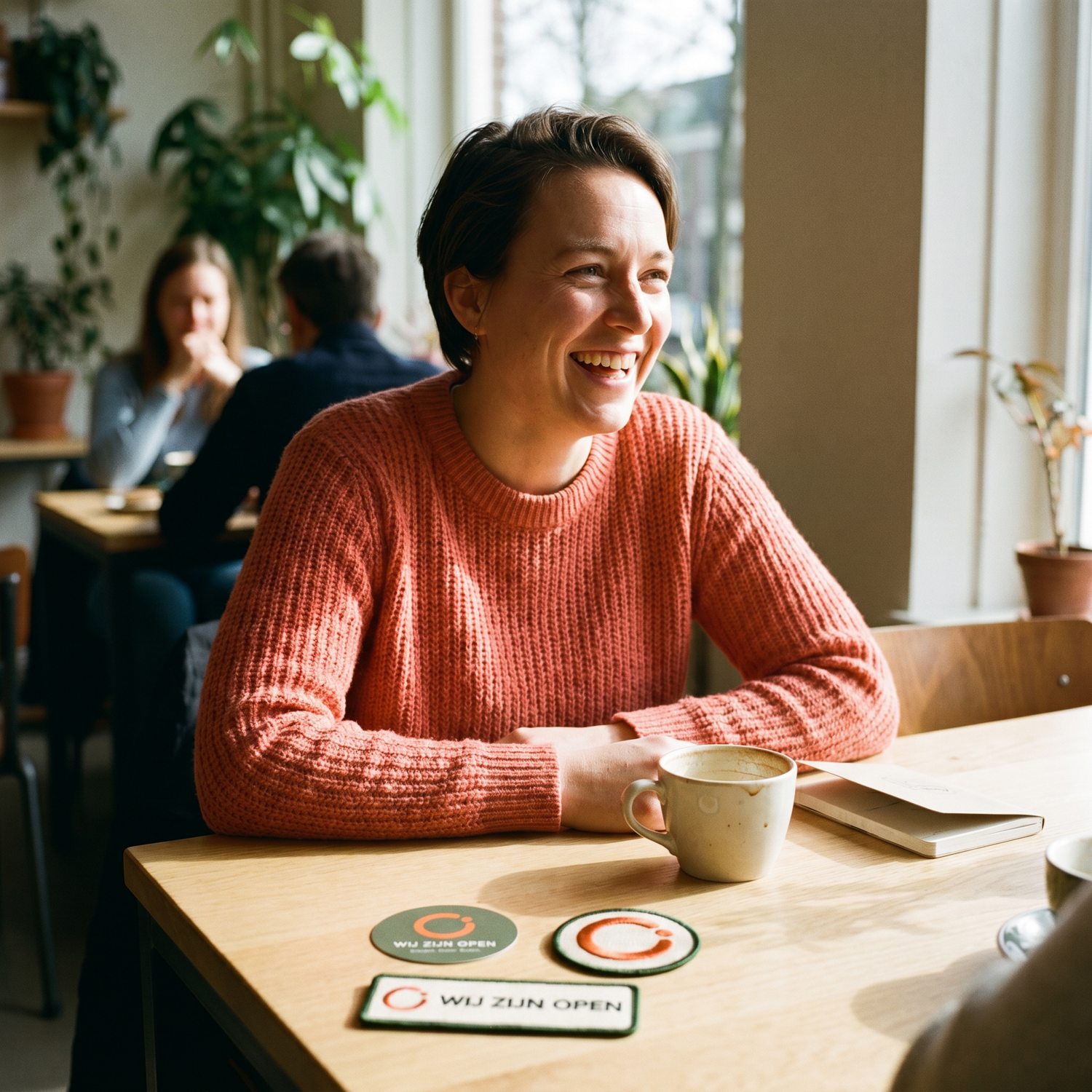 Persoon met de koraalrode Open-buttons, open voor contact in een café