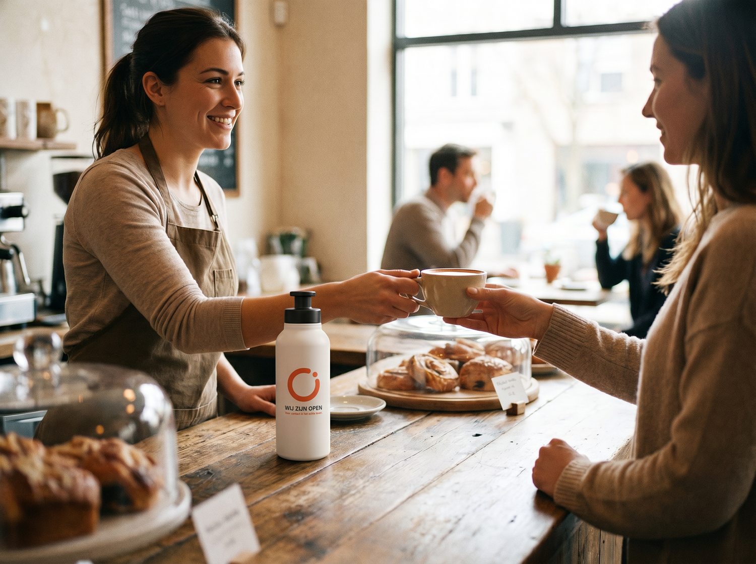 Barista geeft koffie aan een gast, met een Open-drinkfles op de toonbank