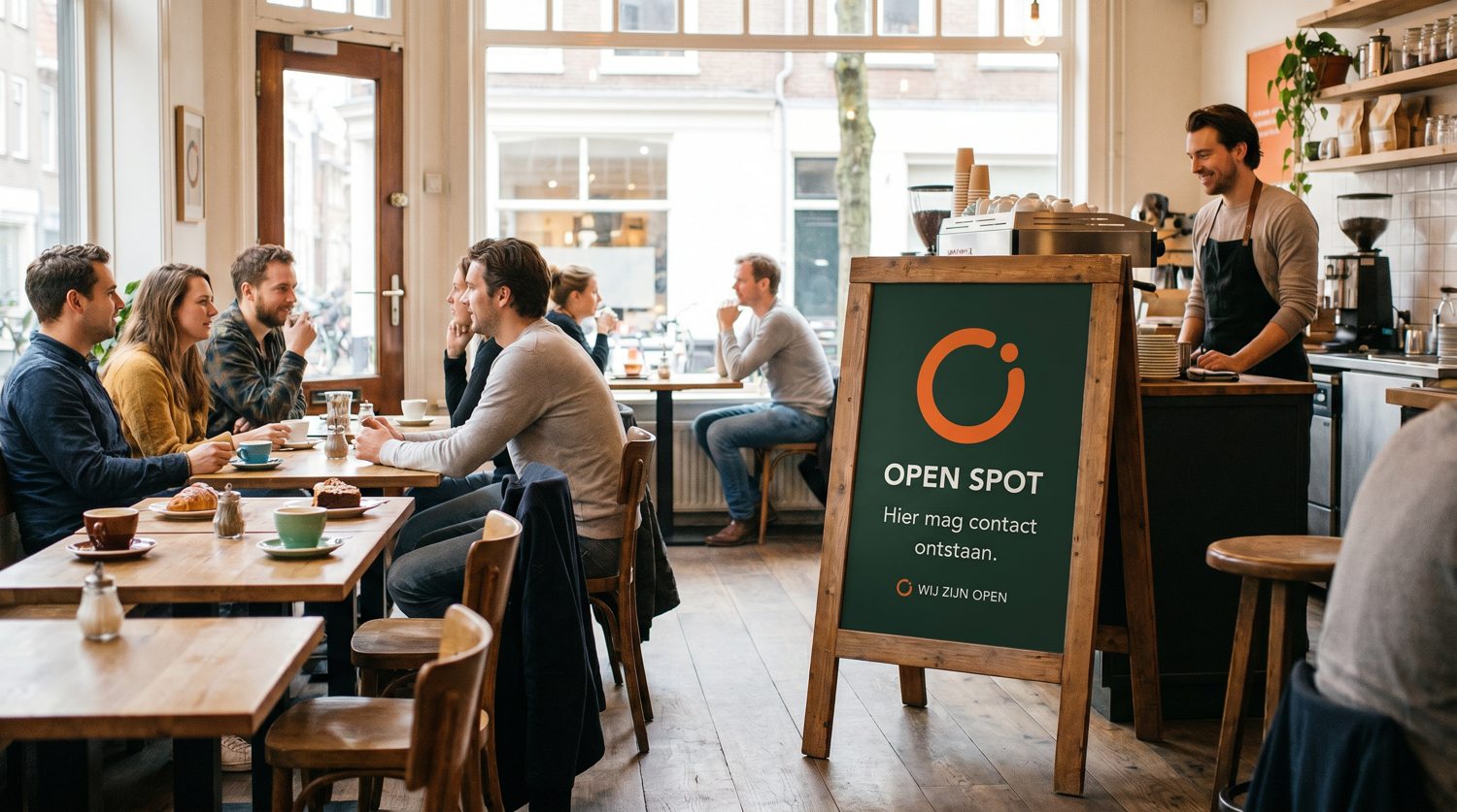 Café met een Open Spot-standee bij de ingang en gasten in gesprek