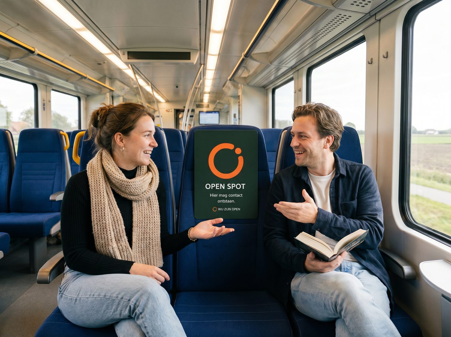 Reizigers in gesprek in de trein met het Open-teken op de stoel
