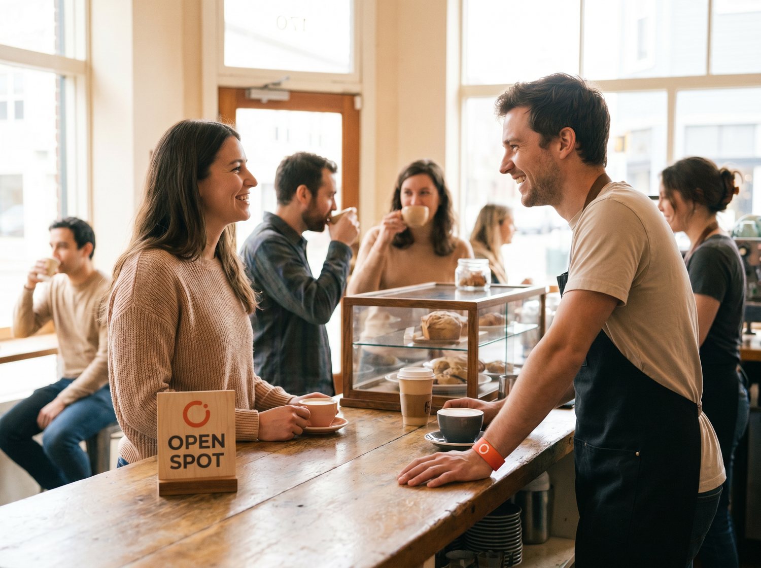Gastvrije barista met een Open-polsbandje en een Open Spot-bordje op de toonbank