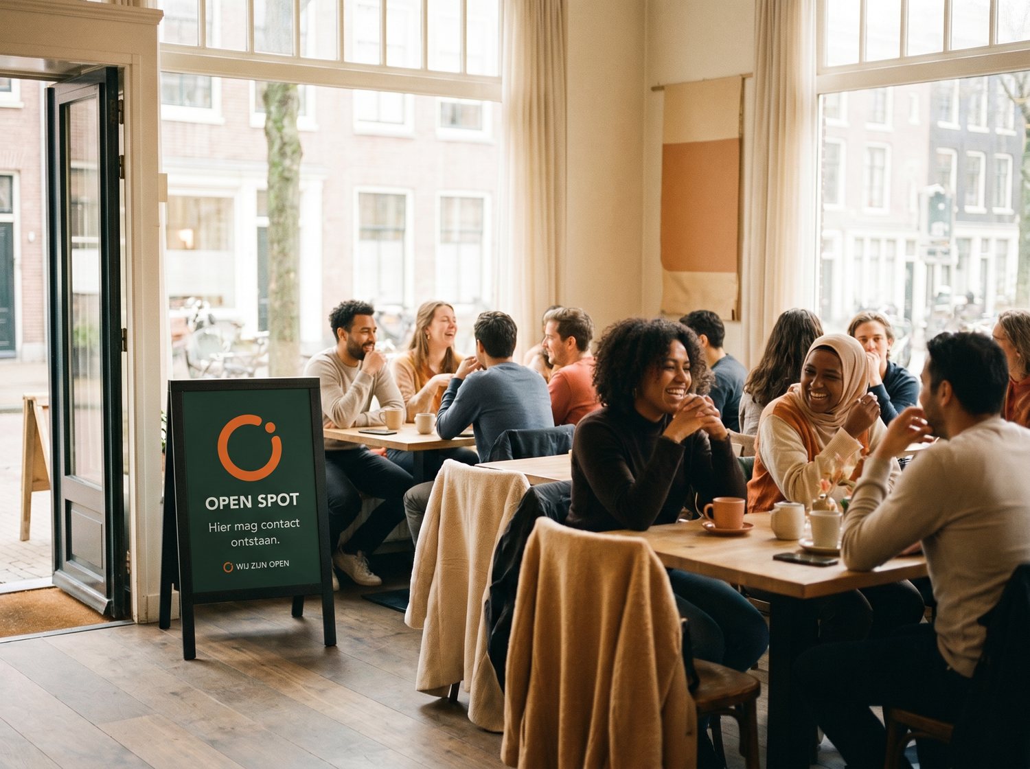 Levendig café met een Open Spot-standee bij de ingang en gasten in gesprek