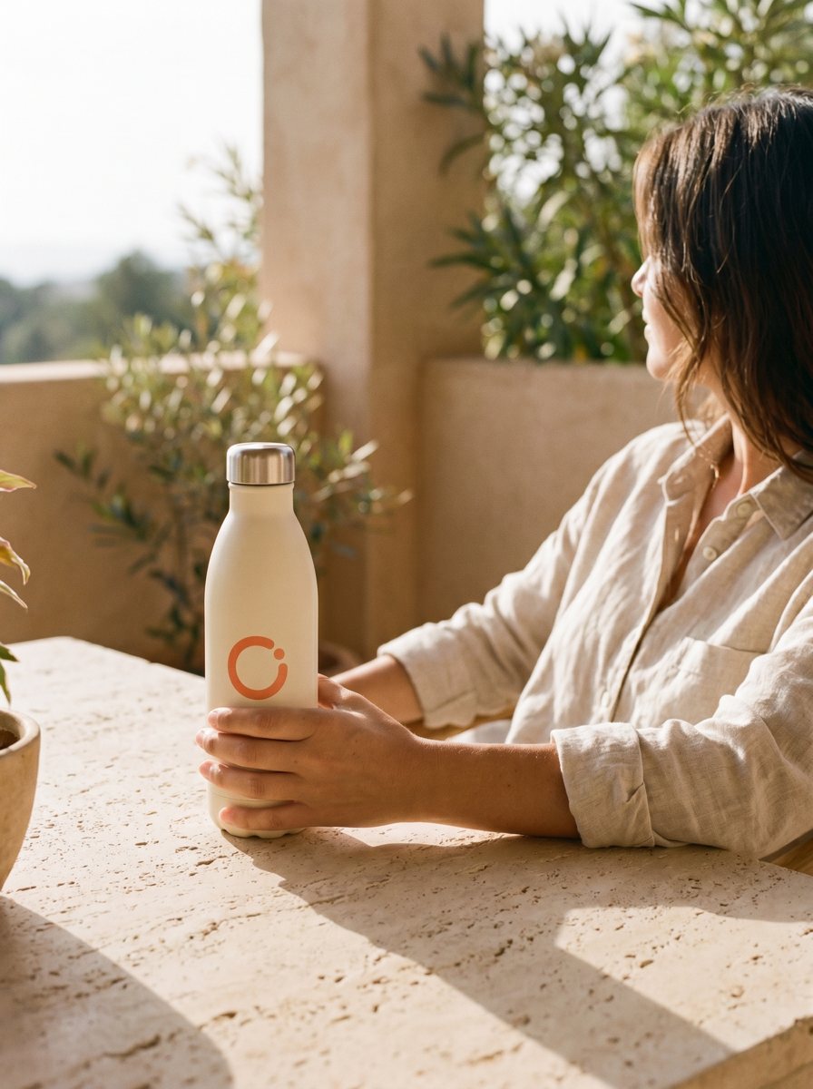 Persoon met de Open-drinkfles met koraalrood symbool op een zonnig terras