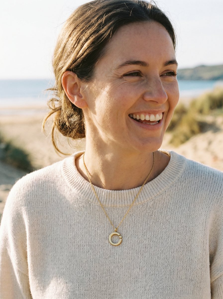 Vrouw die de Open-ketting met gouden hanger draagt