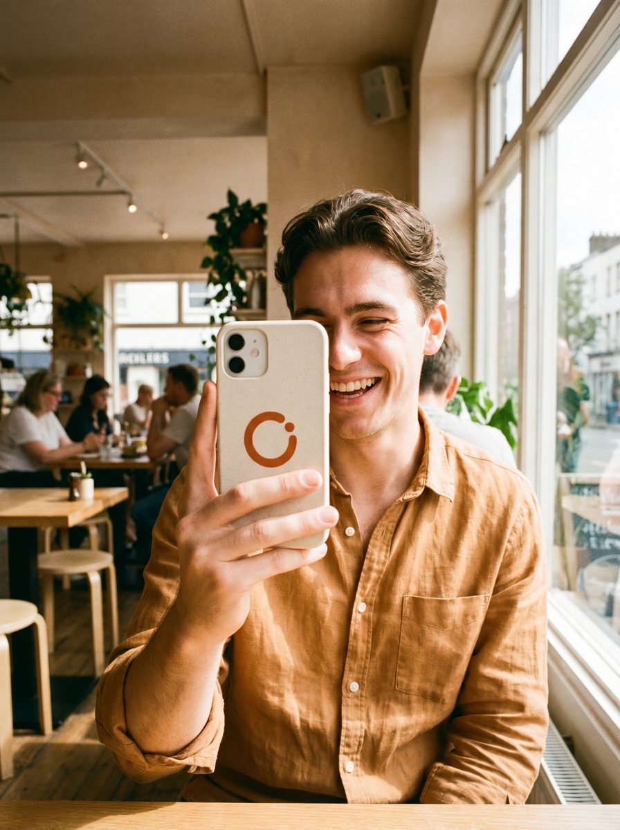 Man met een telefoon in het Open-hoesje met koraalrood symbool