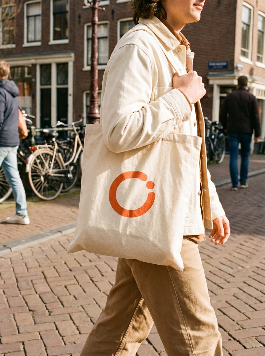 Persoon met de canvas Open-tas met koraalrood symbool over de schouder
