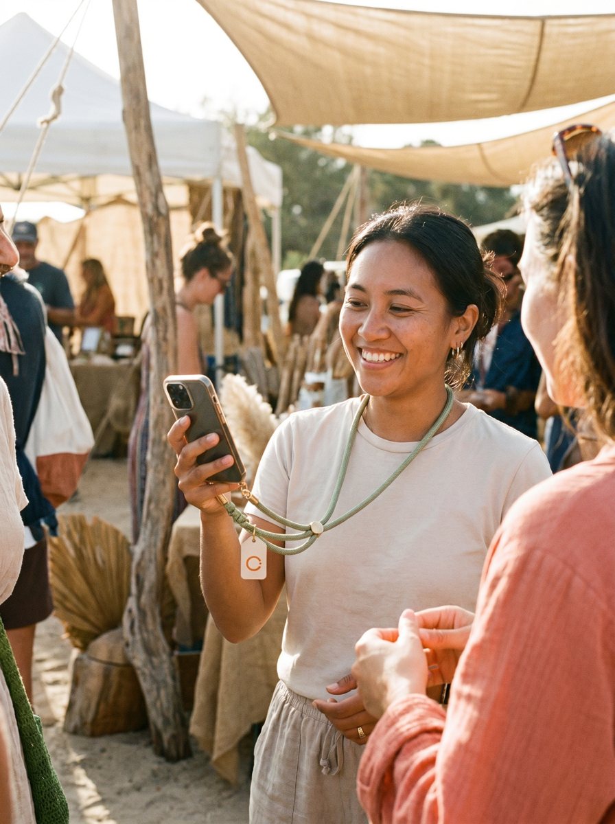 Vrouw met haar telefoon aan het sage-groene Open-telefoonkoord met het koraalrode symbool op een evenement