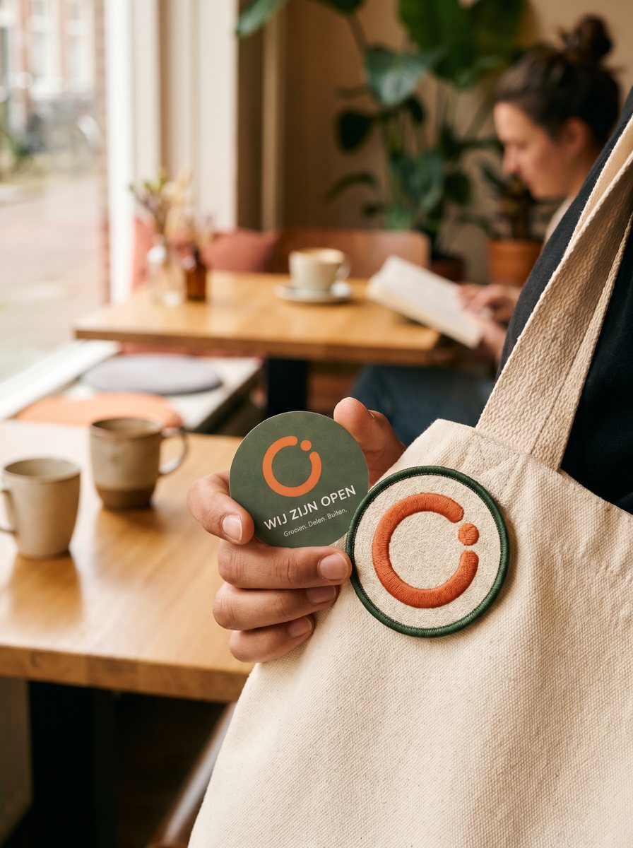 Hand met de Open-buttons en WIJ ZIJN OPEN-sticker met koraalrood symbool