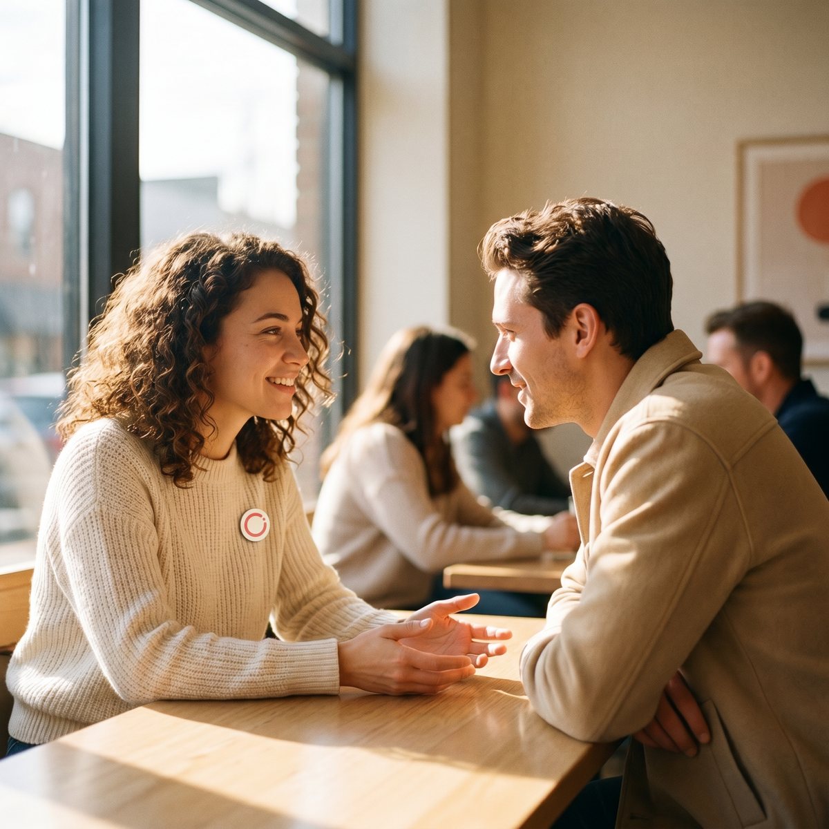 Twee mensen beginnen een open gesprek, met het Open-symbool zichtbaar als speld
